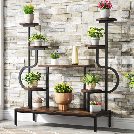 Tribesigns 5-tier metal plant stand for indoor and outdoor use. Multi-level flower stand flower ladder plant ladder wood pot holder for living room balcony (Rustic Brown)