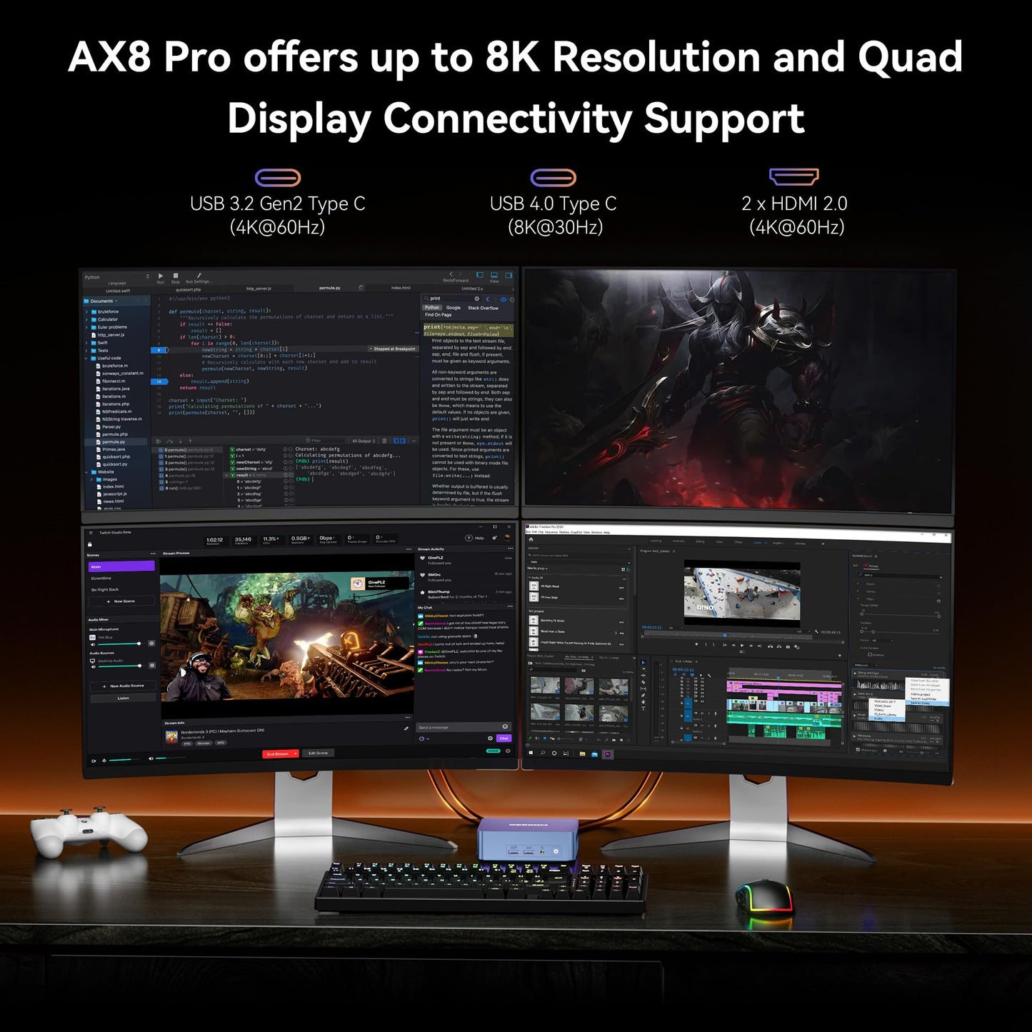 GEEKOM AI Mini PC AX8 Pro, AMD Ryzen R9-8945HS (8C/16T, up to 5.2GHz) Mini Desktop Computer 32GB DDR5 5600Mhz RAM & 2TB PCIe Gen 4 SSD, Mini PC with Windows 11 Pro, AMD Radeon 780M/WiFi 6E/BT5.2/2.5G LAN.