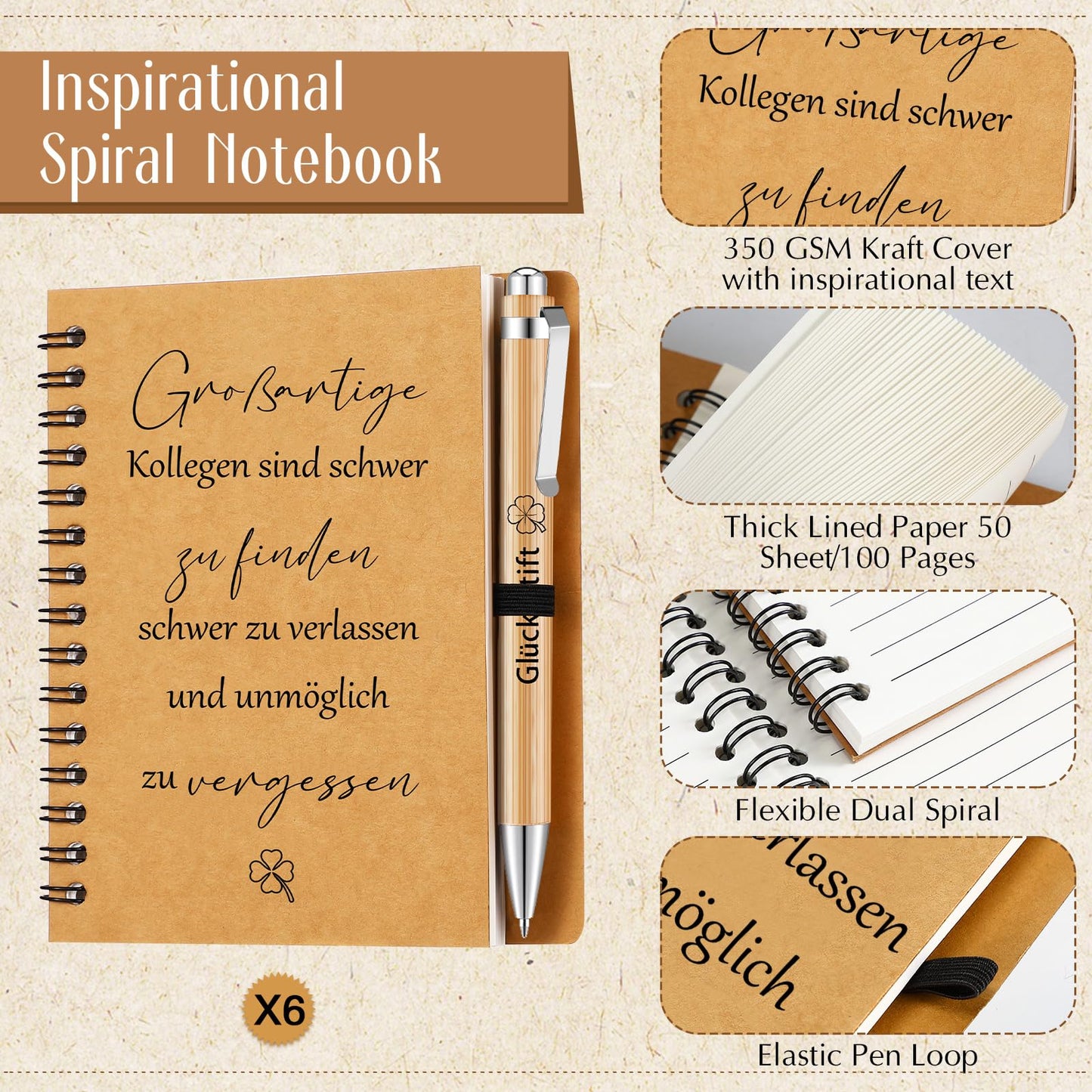 Sinmoe 6 Piece Farewell Gift for Colleagues Gift for Coworker Job Change Employee Thank You Spiral Notebook Lucky Pen Wood Ballpoint Pen (Great colleagues are hard to find)