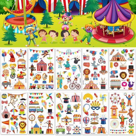 10 Sheets Circus Tattoo Kids Set, Skin-Friendly Clown Temporary Tattoos for Boys and Girls, Circus Tattoo Stickers, Party Favors for Children's Birthday, Guest Gifts, Circus Party Decorations for Kids