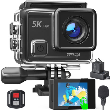 Surfola Action Cam 5K, 24MP underwater camera 40M waterproof EIS image stabilization, helmet camera WiFi action cameras with external microphone, 2*1350mAh batteries and charger, remote control and accessory kit