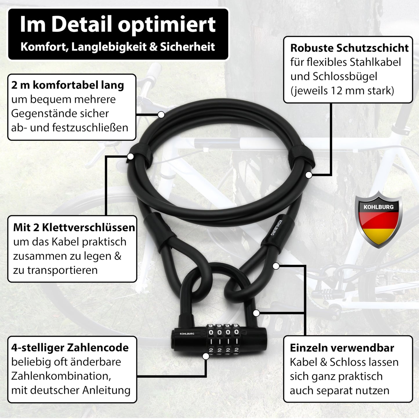 KOHLBURG Cable Lock 2 meters long with number combination - 200cm combination lock - steel cable lock with Velcro fasteners - steel cable, with number code for bike, garden furniture & bike lock