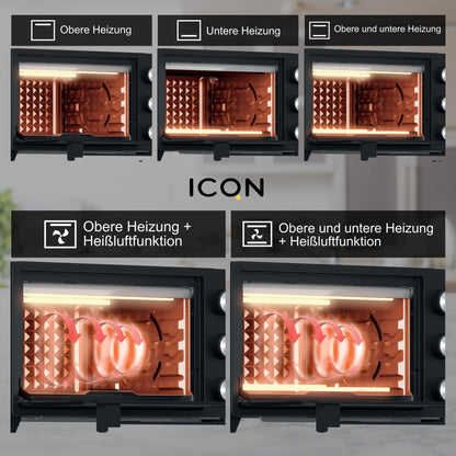 ICQN Mini Oven 20L, Pizza Oven, top/bottom heat with convection function, 5 grill functions, 90 Min. Timer, 1500 W, 80°-240°C, baking tray/grill/drip tray and tray holder, Black