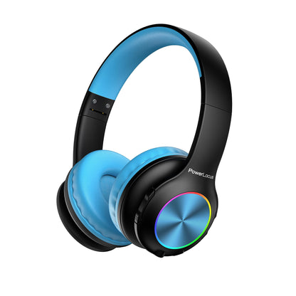 Kids Bluetooth headphones, PowerLocus kids wireless headphones with LED lights, 74/85/94dB volume limiter, foldable headset, HD stereo, micro SD, built-in microphone for school/laptop/phone/TV.