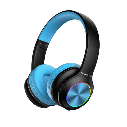 Kids Bluetooth headphones, PowerLocus kids wireless headphones with LED lights, 74/85/94dB volume limiter, foldable headset, HD stereo, micro SD, built-in microphone for school/laptop/phone/TV.