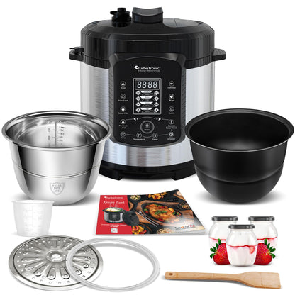 TurboTronic Pressure Cooker 6L with 2x stainless steel and coated pot, steamer, multi cooker, electric pressure cooker, steam cooker Silver