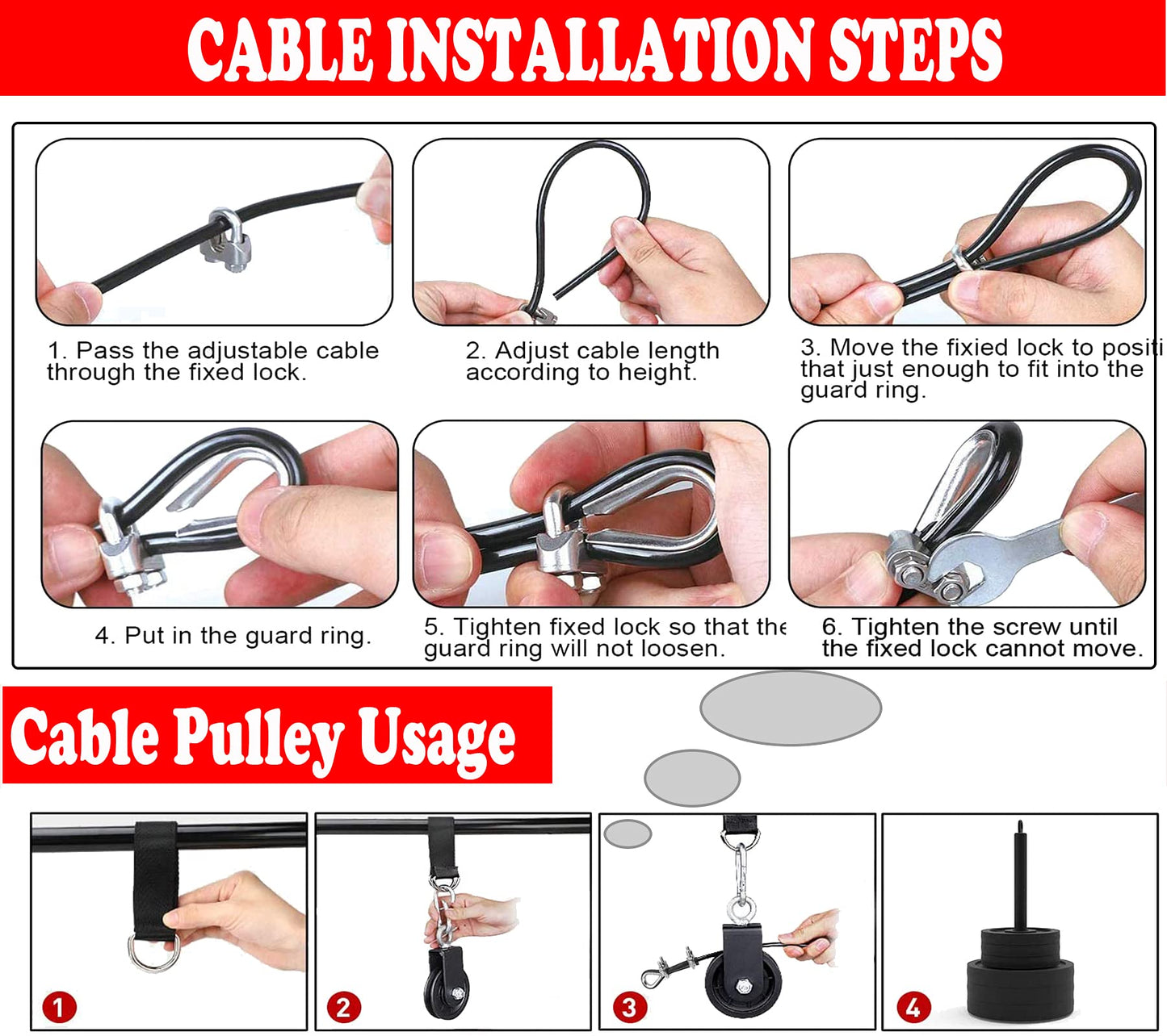 Taeku Cable Pulley Fitness, Upgraded Weight Cable System for LAT Pull Down Biceps Curl Triceps Arm Training Weight Plate System Accessories for DIY Gym (3 Cables + 3 Handles)