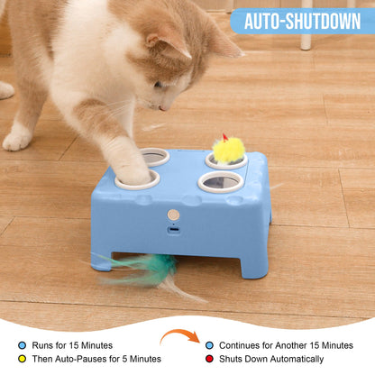 IOKHEIRA Interactive Cat Toy, 2-in-1 Automatic Cat Toy, 4-Hole Mouse-Whack-a-Mole Cat Mouse Toy with Moving Feather, USB Rechargeable Kitten Toy.
