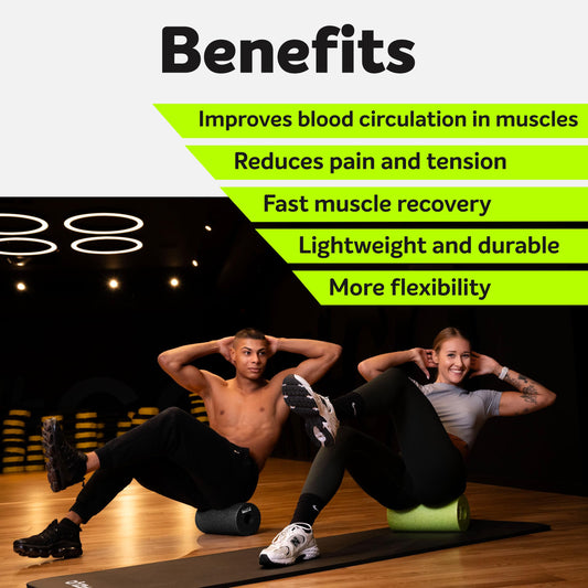 Physio fascia roller for fitness, yoga, and rehabilitation. Self-massage roller for back spine made of medium firm EPP foam, includes carrying bag.