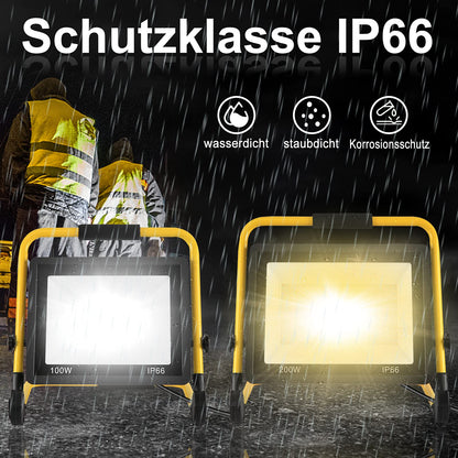 On LED construction spotlight 100W, construction site spotlight warm white work spotlight LED floodlight floodlight with 3M cable, tripod stand and handle, waterproof IP66 floodlight for garden, garage.