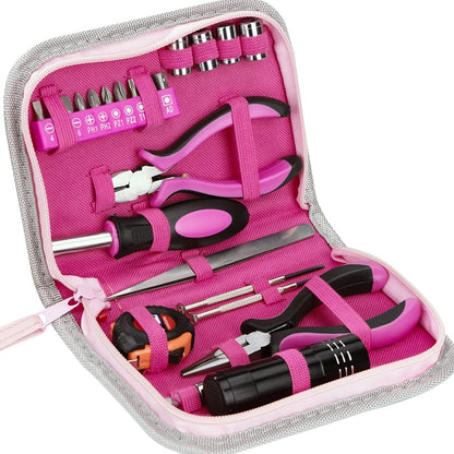 Pink Lady Tool Set with Tool Box 23-Piece Repair Tool Kit with Screwdriver, Bit, Tape Measure, Wire Cutters for Home, Office, Bike