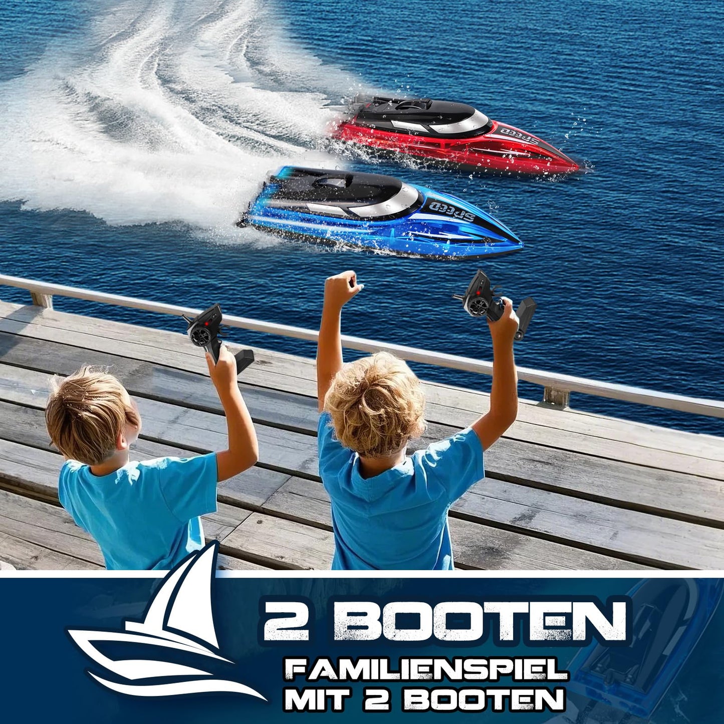YOOHBERRYS Remote Control Boat 2 Pack, RC Boat with LED Light for Pools and Lakes, 2.4 GHz Remote Controlled Boats RC Racing Boat, Speedboat Pool Toy for Kids and Adults (Red + Blue)