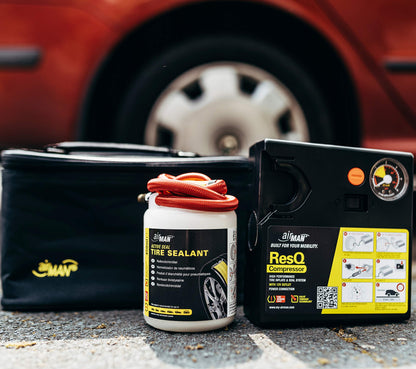 AirMan Resq tire repair kit for cars, featuring Valve-Through technology, repairs all tire types, including the powerful 12V air compressor tire sealant.