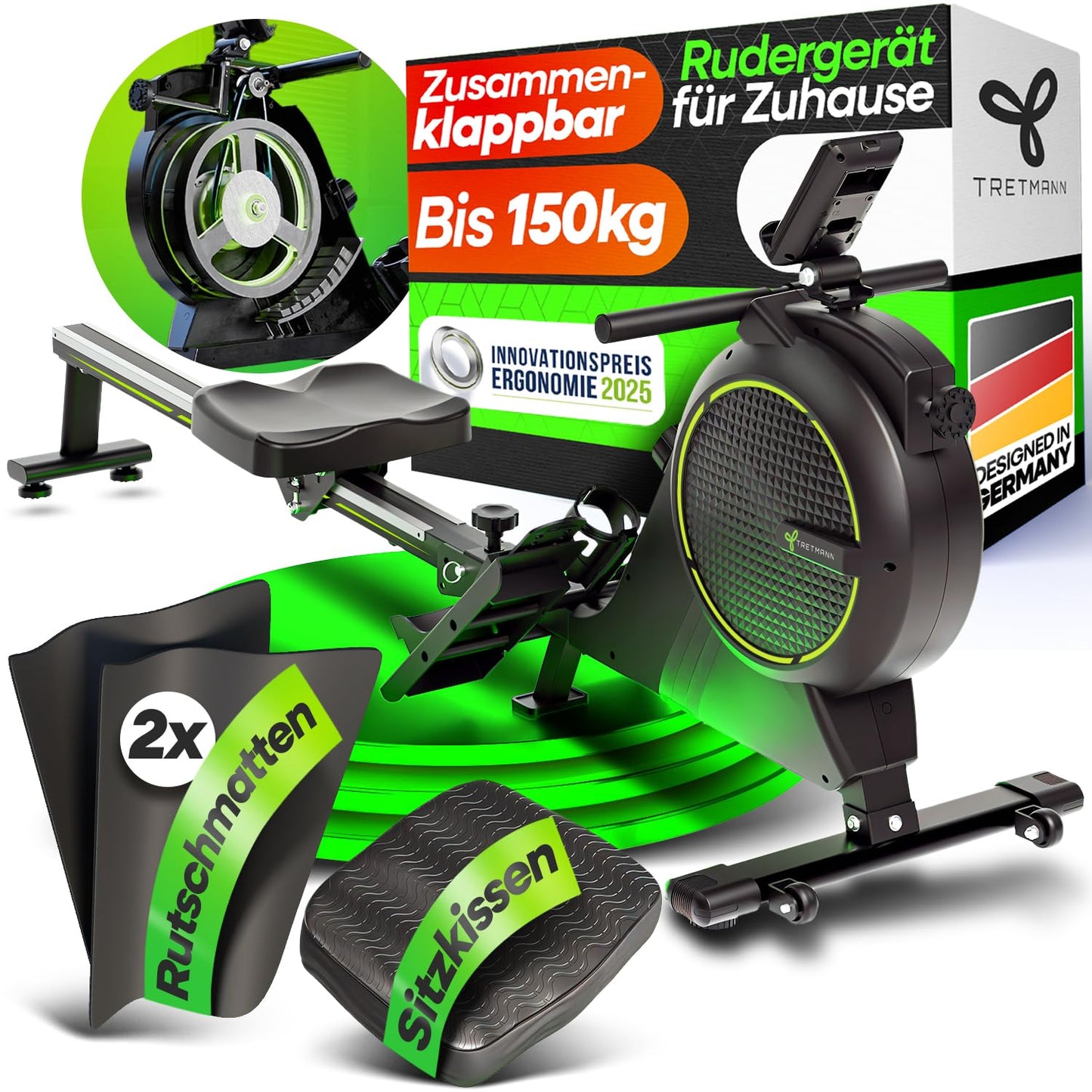 NEW Tretmann rowing machine for home set - extra quiet- [eddy current brake 2.0] certified up to 150KG | patented ErgoConcept | rowing machine magnet rowing machine rowing fitness equipment