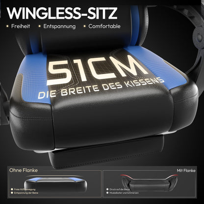 Dowinx Gaming Chair, Ergonomic Gamer Seat made of PU leather with lumbar support, massage function and wide backrest, up to 150 kg load capacity, Blue.