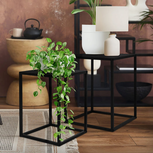 ML-Design Flower Stand 2-piece Set in Black made of metal, 30x40x30 cm/35x45x35 cm, square Flower Stool Plant Stand Plant Stool Nesting Table Plant Table Decor Side Table Coffee Table Living Room Table