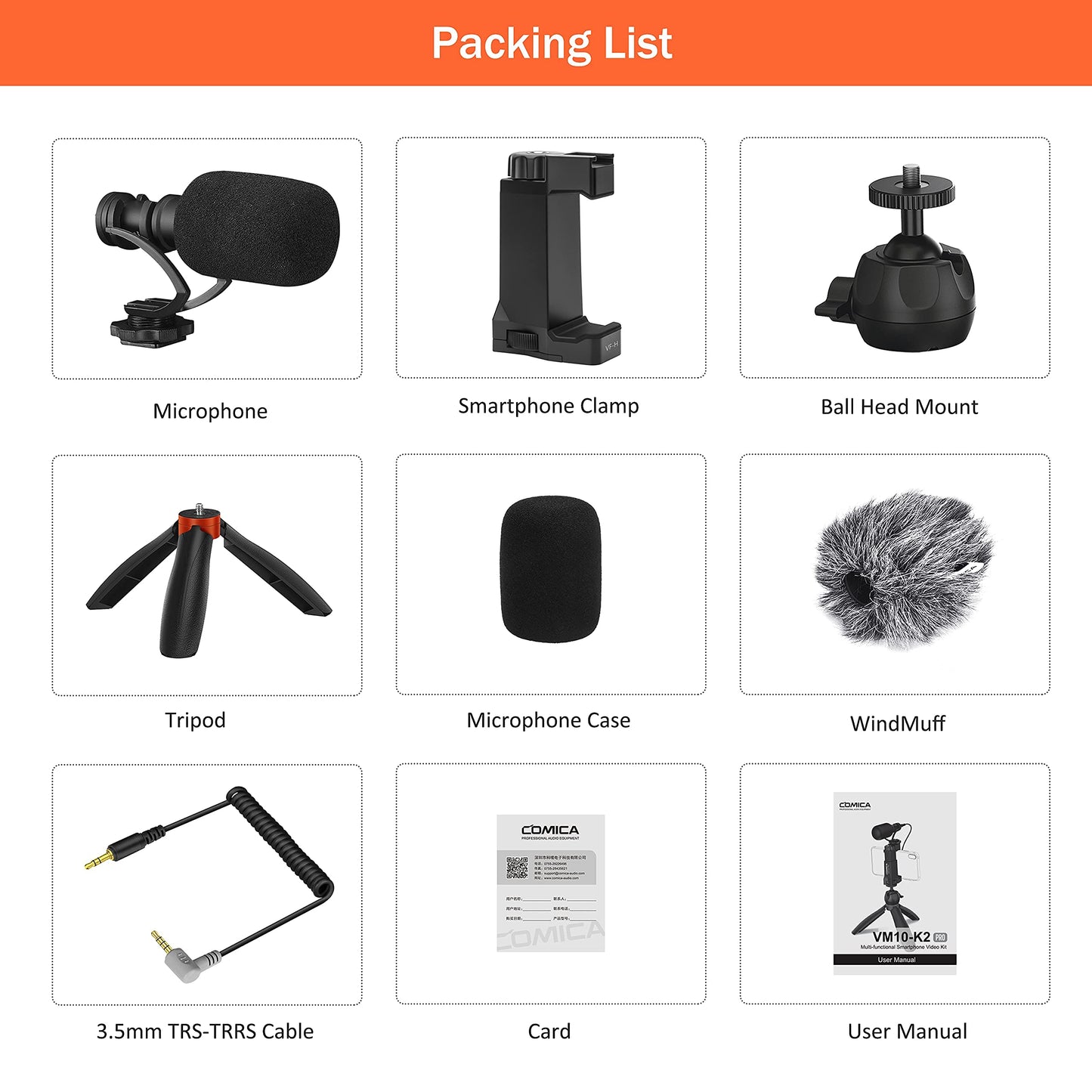 COMICA phone microphone vlogging kit, CVM-VM10-K2 PRO video kit with professional shotgun microphone and tripod for iPhone, Samsung, Huawei, camera, YouTube kit for live video, video conferencing, filming.