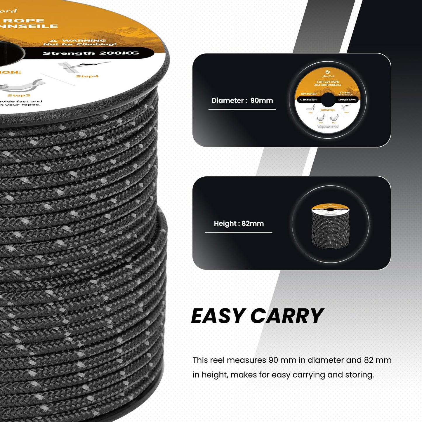 Abma Cord guy lines tent cord with 10 pieces of rope tensioner 3mm 50M tent rope for camping, tents, sun sails, awnings - Reflective Black