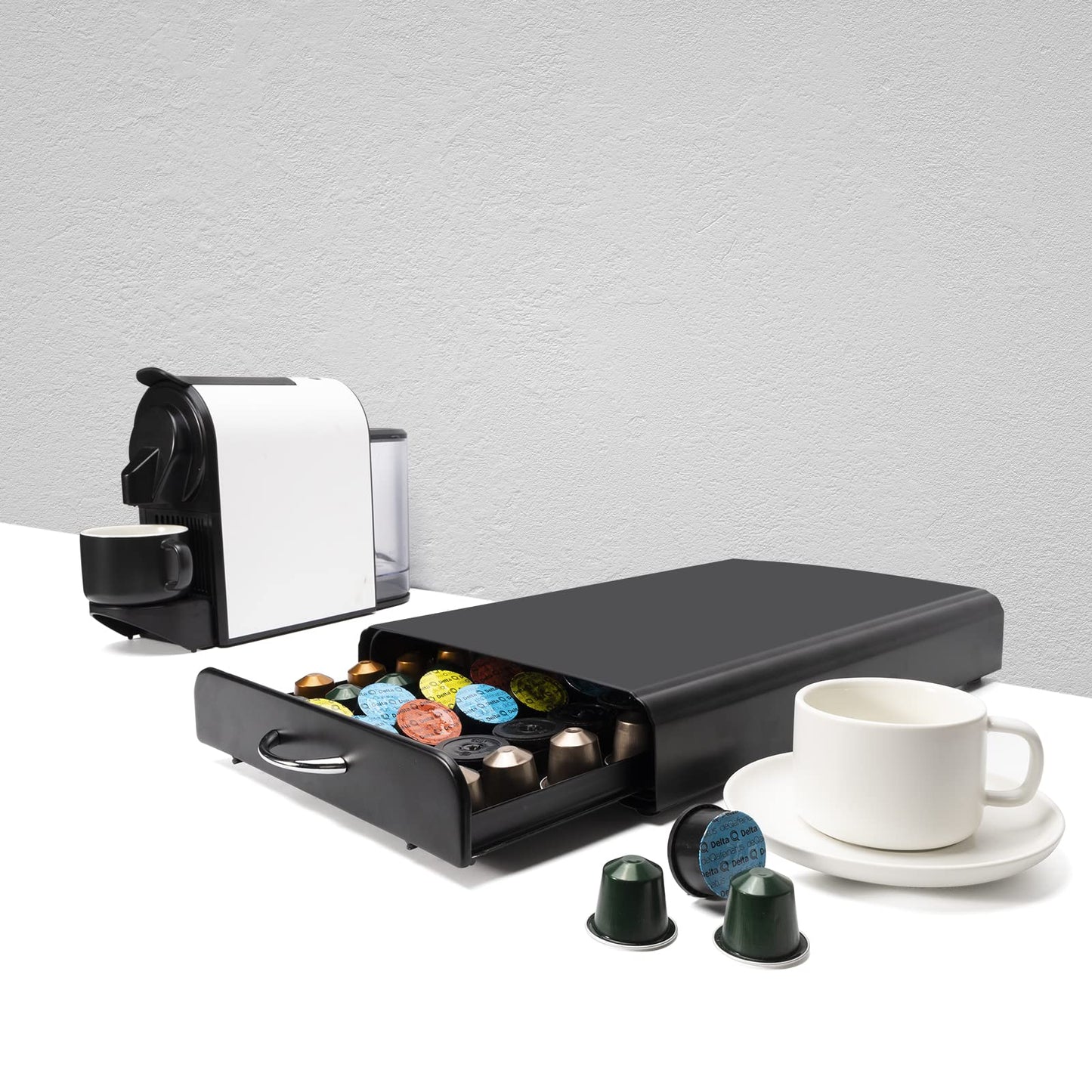 SYSYLY Capsule Holder, Drawer for Nespresso Capsule Storage, Organizer for 60 Capsules, Metal, Black.