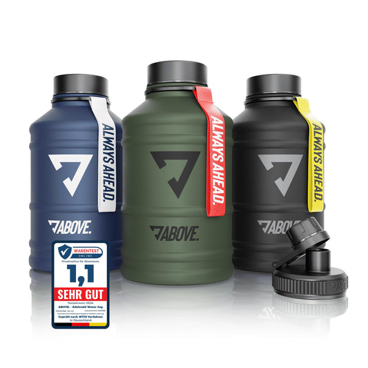 ABOVE. Stainless steel water bottle 1.3L / 2.2L - BPA-free, Leak-proof & Durable - 2L metal bottle with extra drinking spout for sports, fitness & outdoor use. Not a thermos bottle (Black, 2.2L).