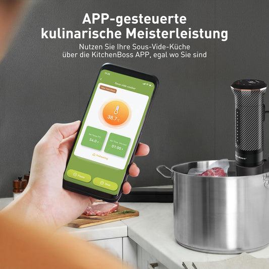 KitchenBoss Sous Vide Cooker Stick WiFi: Sous Vide Stick Wi-Fi precision cooker immersion circulator app control IPX7 waterproof ultra-quiet LED touch display 1100W 40°C-90°C