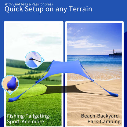 Cuupo beach tent, pop-up, 2x2.1m, SPF 50, Lycra, outdoor sun protection, anti-wind, stability poles, backyard with beach blanket, royal blue.