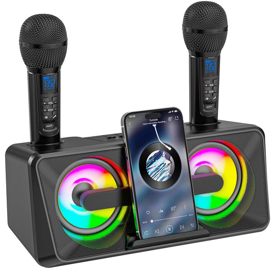 Karaoke Machine for adults and kids with 2 UHF wireless microphones, portable Bluetooth singing speaker, PA system with disco lights, cell phone holder for home, party, picnic (black)