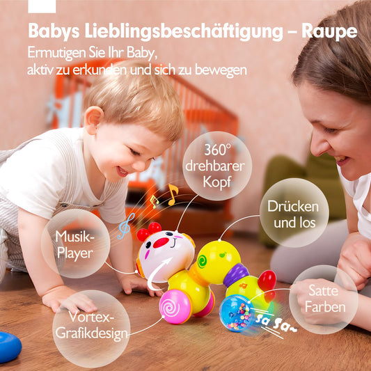 CubicFun Musical Baby Toy Caterpillar for 6-8-9-12 months, crawling toy with light & sound, interactive crawling caterpillar baby toy for 6 8 9 12 months, tummy time toys for boys girls