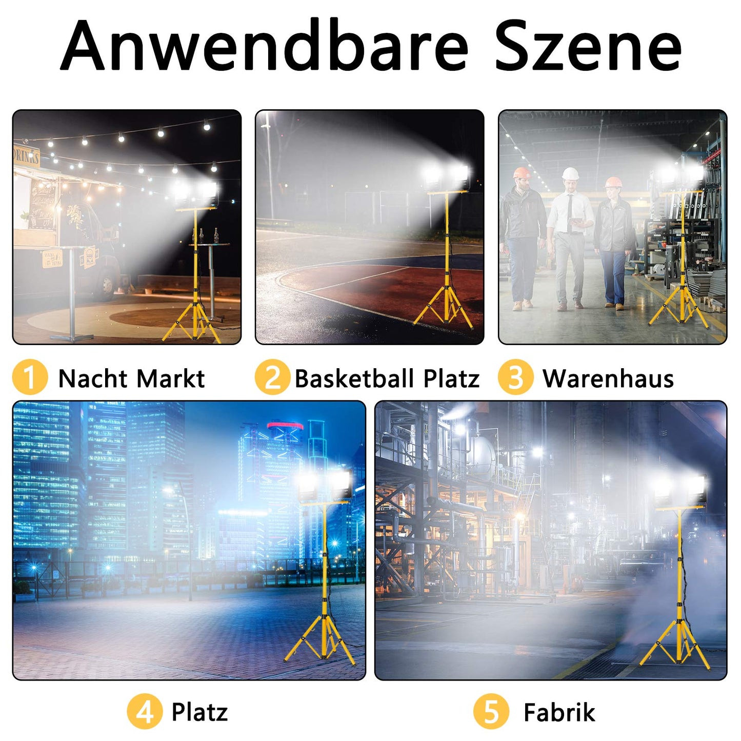2x 200W LED floodlights super bright IP66 waterproof LED floodlight 6000 Kelvin cool white outdoor spotlight floodlights spotlight light with 150cm yellow telescopic tripod for LED floodlights