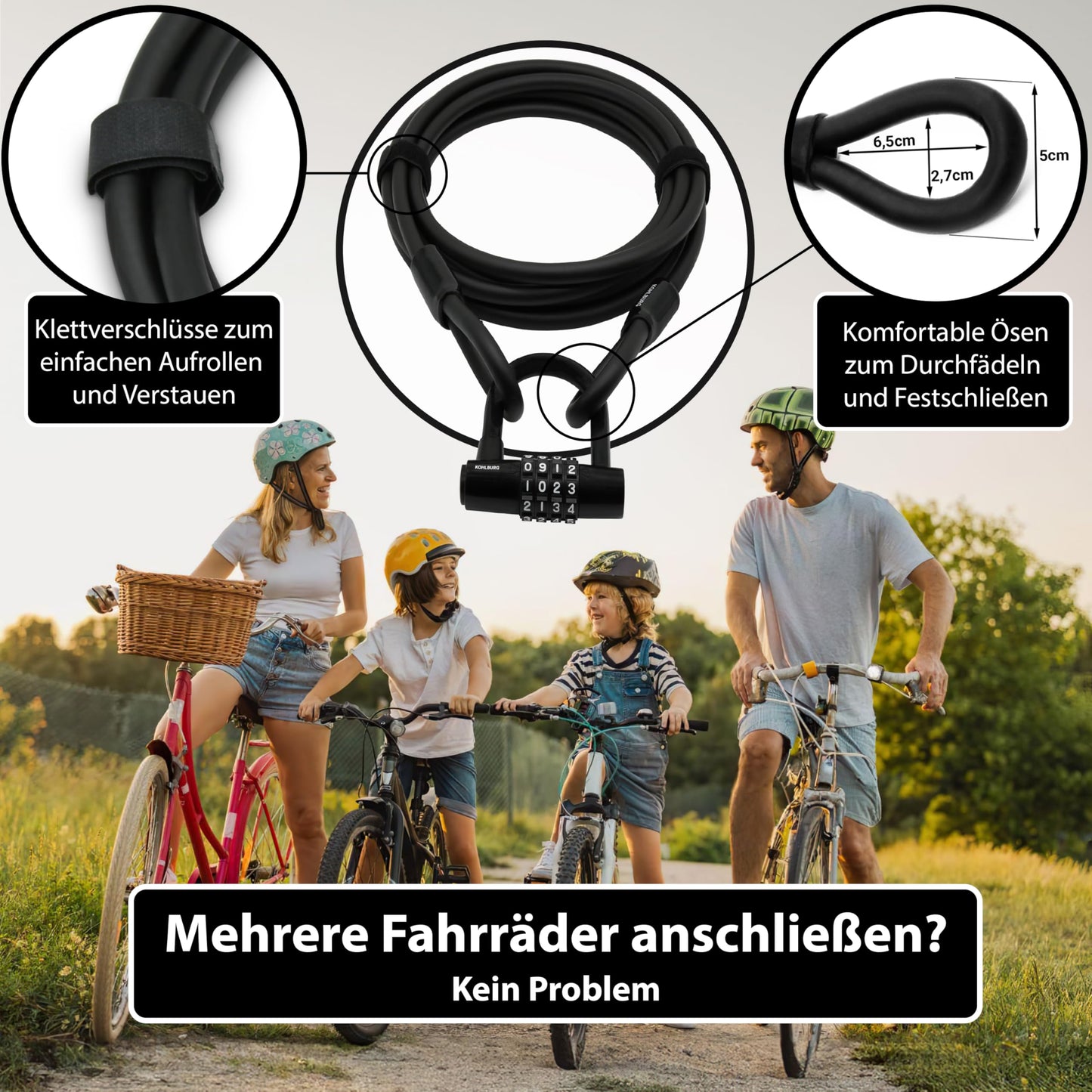 KOHLBURG Cable Lock 5 meters long with number combination - 500cm combination lock - Steel cable lock 5m coated - Steel cable 500 cm with code for bike garden furniture & bike lock.