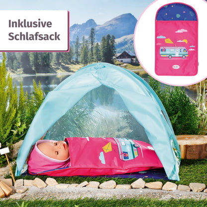 BABY born 832783 Weekend Camping Set - Doll accessories set, doll tent with sleeping bag, campfire with light function, marshmallow stick and soda bottle, Pink