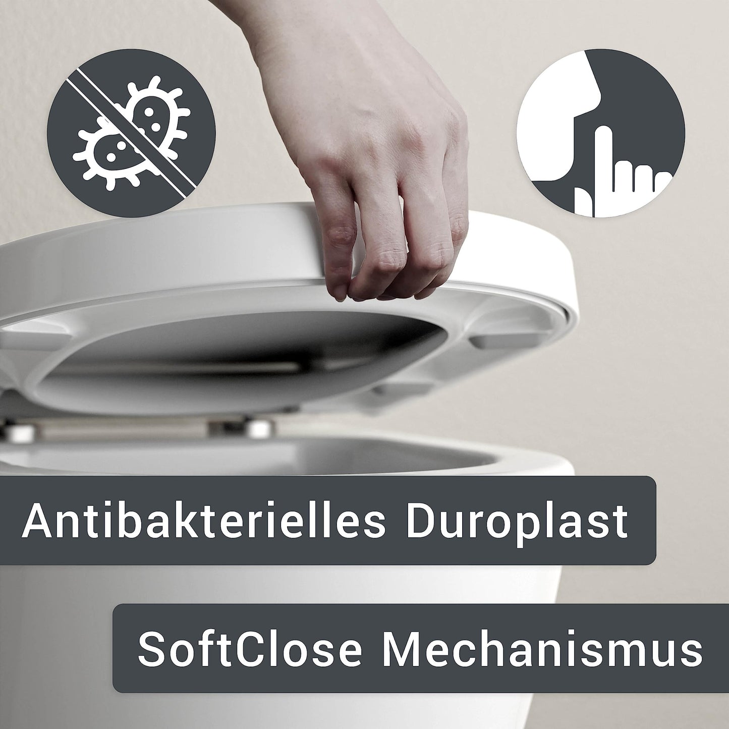 Amber toilet seat with automatic closing, soft-close, white, D-shaped toilet seat 46x36x5cm, take-off mechanism, antibacterial WC seat made of duroplast, easy installation - toilet lid U1002