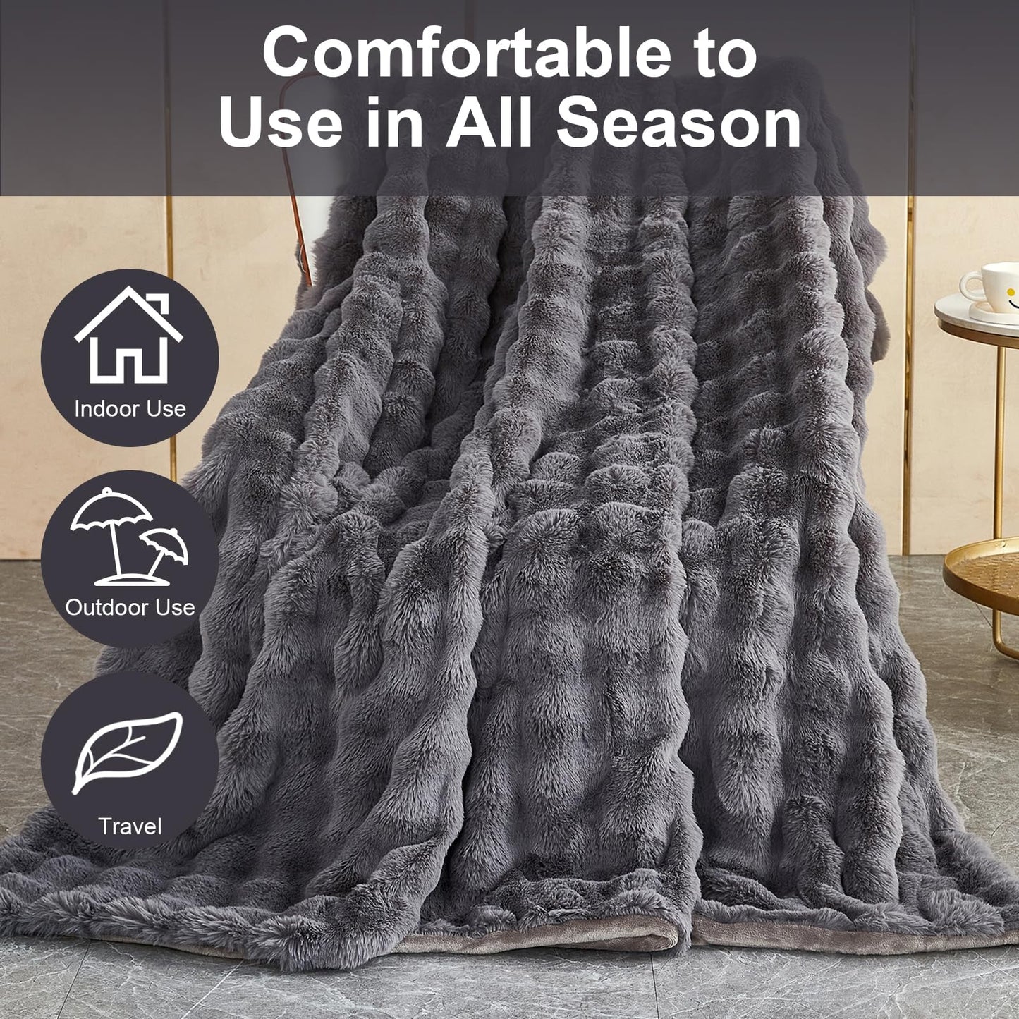 Rabbit plush blanket super soft living room blanket thick 1000 g/m² flannel blanket couch blanket warm throw blanket sofa blanket versatile blanket for bed sofa bedroom office dark grey 160 x 200cm