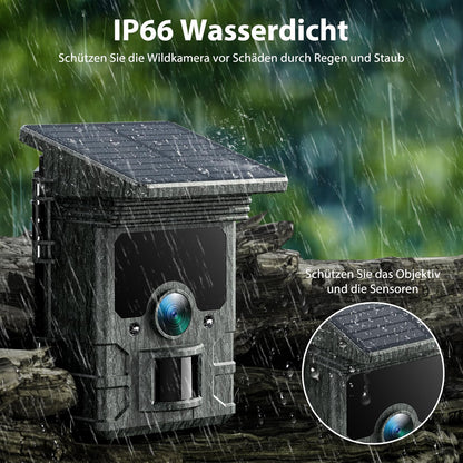 VOOPEAK Wildlife Camera Solar WiFi 4K 30fps 85MP, wildlife camera with mobile transfer APP, game camera with motion detector night vision 120° wide angle IP66 waterproof with 32GB Micro SD card