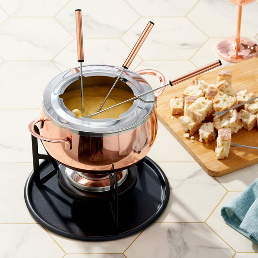 Oak & Steel - 10-piece Premium Stainless Steel Fondue Set for 6 people, Rose Gold/Copper - Chocolate, Cheese, Meat - Sturdy & Stylish - Gift Set for Valentine's Day/Birthday/Anniversary