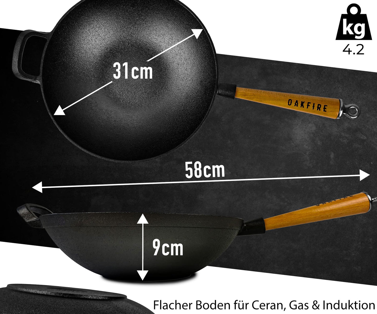 Oakfire cast iron wok pan 31cm with non-stick patina, lid & wooden handle - Large wok pan for induction - High-quality cast iron wok for induction cooker - The perfect wok for gas grill.