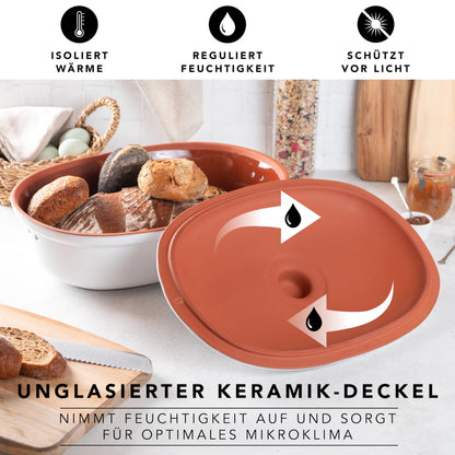 Roman pot bread pot white 6.5 liters - oval bread container made of natural ceramic with lid - for storing bread, rolls, fruit & vegetables - breathable & dishwasher safe.