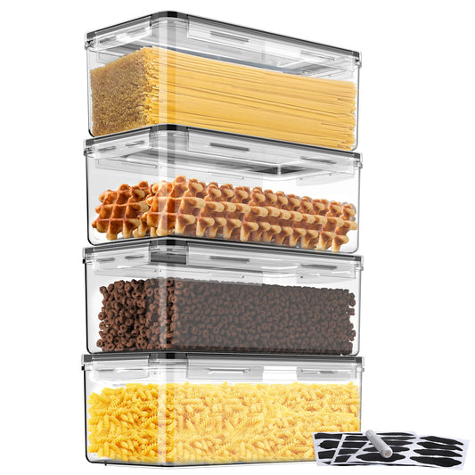 3.2L storage containers with airtight lids, 4-piece set with chalk marker and labels, BPA-free plastic kitchen storage box, perfect for storing spaghetti, pasta, noodles, cereal, and cornflakes.