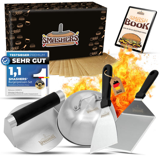 SMASHERS Smash Burger Set - Burger smasher set with burger press, grill spatula, flipper, and burger bell - Includes e-book with smash burger recipes & burger paper (6 pieces)