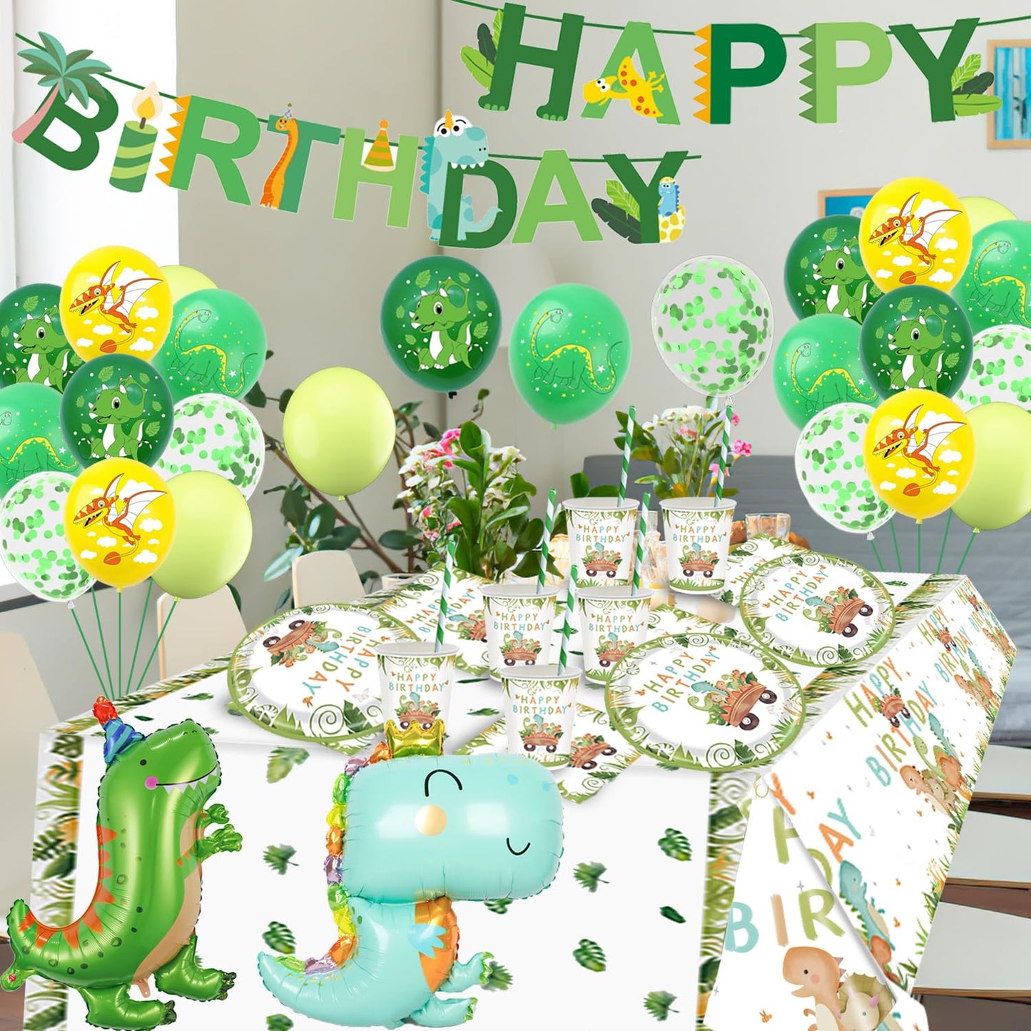 Dinosaur party tableware set, dino birthday decorations, dinosaur birthday tableware set, paper plates cups napkins straws tablecloth for party kids birthday decor boys girls 16 guests
