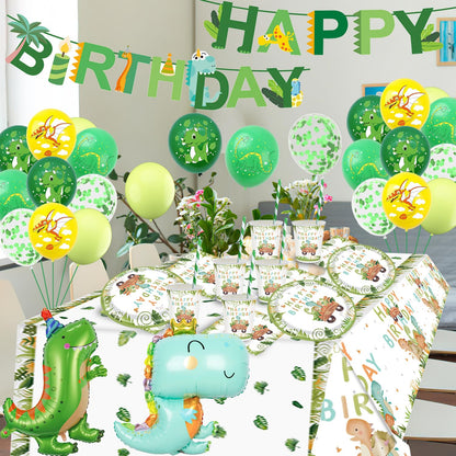 Dinosaur party tableware set, dino birthday decorations, dinosaur birthday tableware set, paper plates cups napkins straws tablecloth for party kids birthday decor boys girls 16 guests