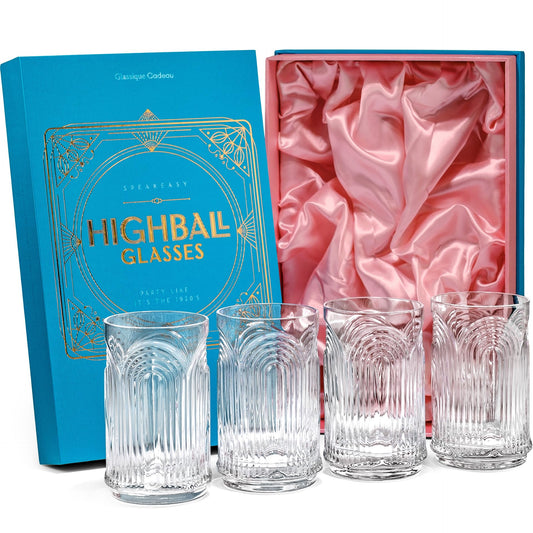 GLASSIQUE CADEAU Vintage Art Deco 1920s Gin Cocktail Highball Glasses with Relief for Caipirinha, Mojito, Gin Tonic, Cuba Libre | Set of 4 | 400 ml Highball Cocktail Glasses