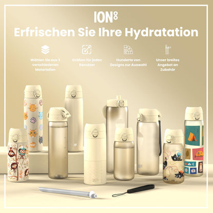 ion8 water bottle, 500ml, leak-proof, one-handed opening, secure locking, dishwasher safe, BPA-free, carrying handle, flip lid, easy to clean, climate-neutral, creamy white.