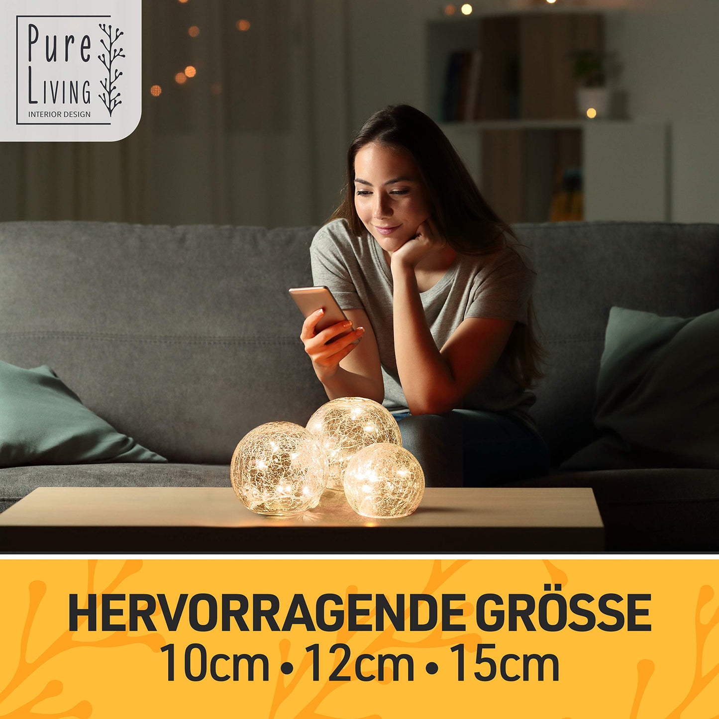 PURE LIVING INTERIOR DESIGN LED ball light 3-piece set, ball with timer, light balls with battery warm white as decorative light battery operated, glass ball as window sill decoration, lights decoration, window sill