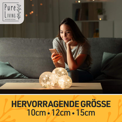 PURE LIVING INTERIOR DESIGN LED ball light 3-piece set, ball with timer, light balls with battery warm white as decorative light battery operated, glass ball as window sill decoration, lights decoration, window sill