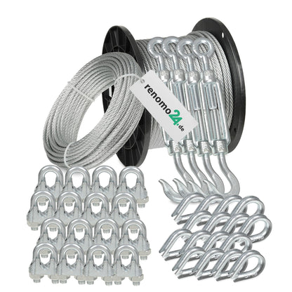 Renomo24 Wire Rope Set 6 - Steel Cable 200m 5mm 6x7 galvanized, 4x Turnbuckle Hook/Eye, 16x Wire Rope Clamps, 16x Thimbles