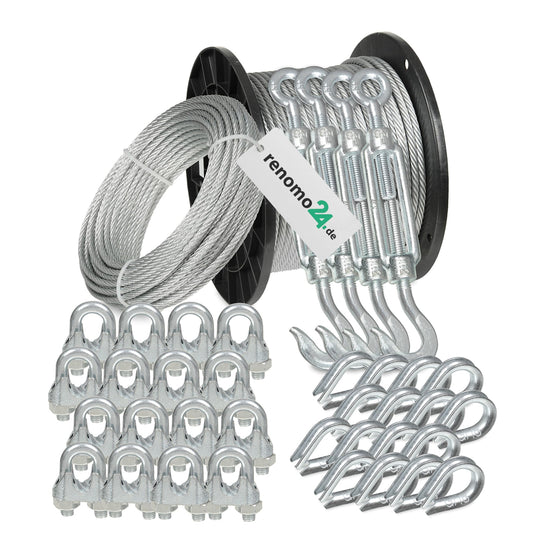 Renomo24 Wire Rope Set 6 - Steel Cable 200m 5mm 6x7 galvanized, 4x Turnbuckle Hook/Eye, 16x Wire Rope Clamps, 16x Thimbles
