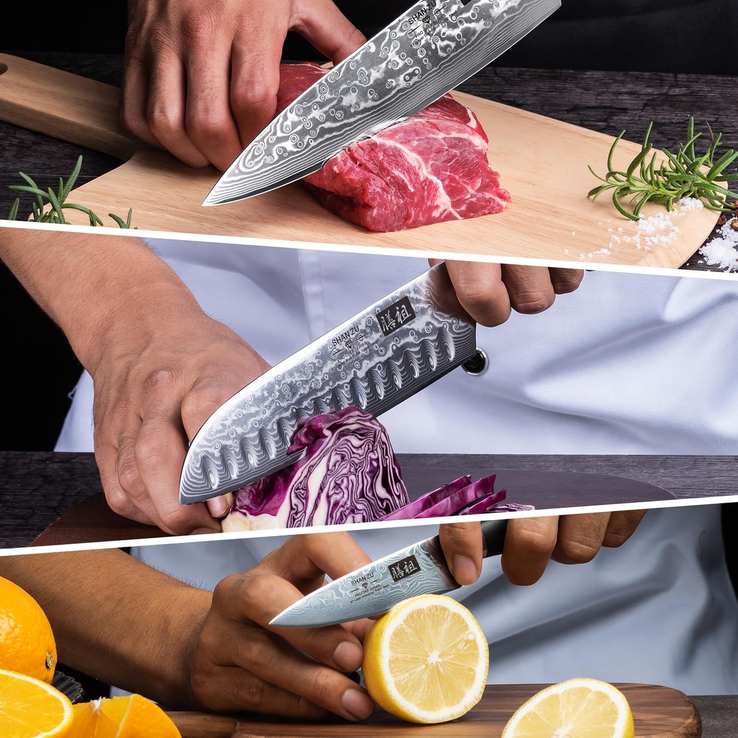 SHAN ZU 3-piece Damascus Knife Set, made of Japanese super steel with high carbon content. It features a G10 handle and comes in a gift box.