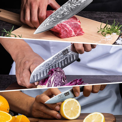 SHAN ZU 3-piece Damascus Knife Set, made of Japanese super steel with high carbon content. It features a G10 handle and comes in a gift box.