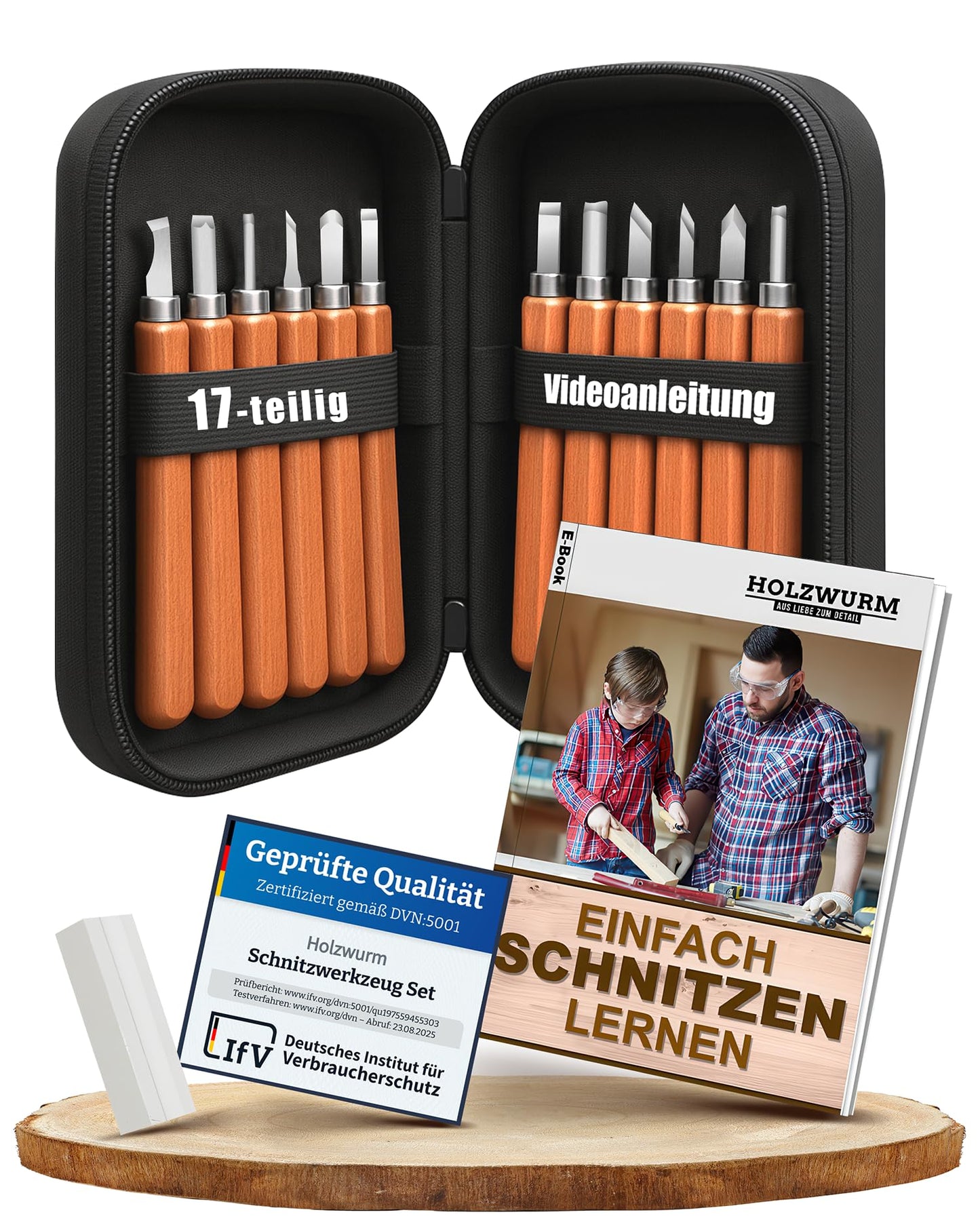 WOODWORM Wood Carving Tool Set - 17 pieces, including instructions for a carving project & E-book for beginners, pouch & sharpening stone, ideal carving knife set for beginners and professionals.